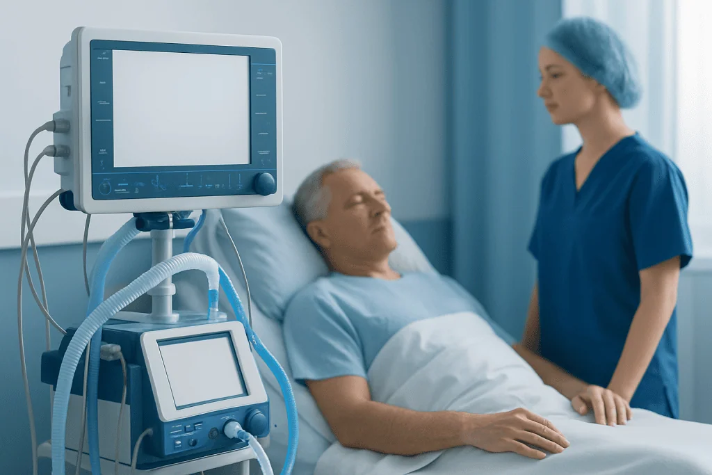 Patient in hospital bed with medical monitor and nurse nearby.