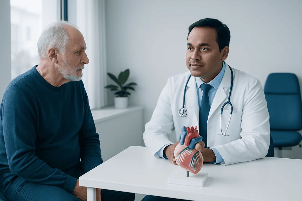 Cardiologist explaining heart health to an elderly patient with a model of a heart.
