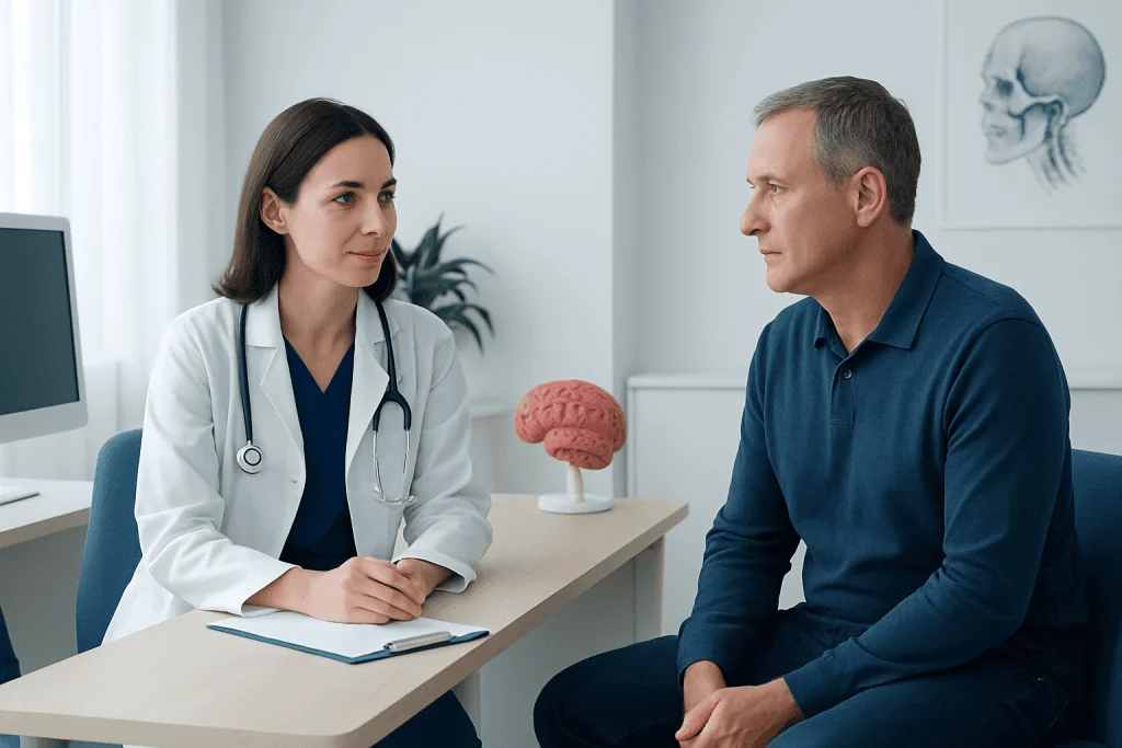 Doctor consulting with a male patient in a medical office.