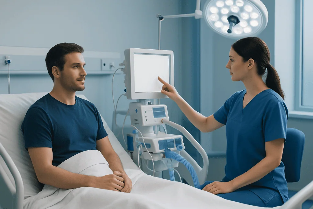 Patient and nurse in hospital room during admission process at Acibadem Hospital.