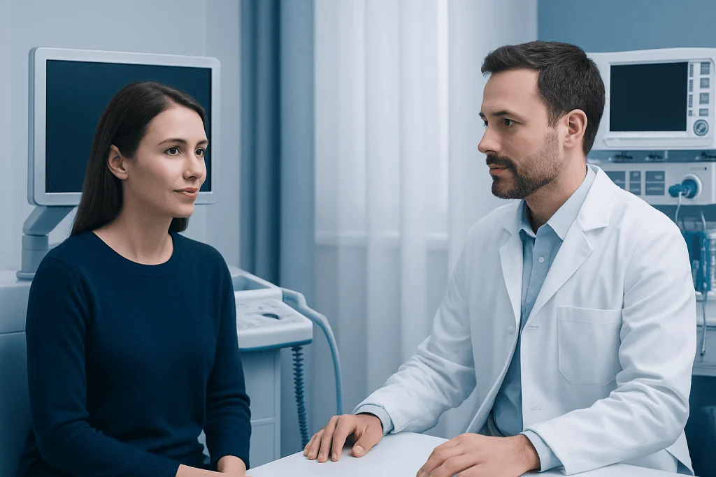 Doctor consulting female patient in a hospital room with medical equipment.