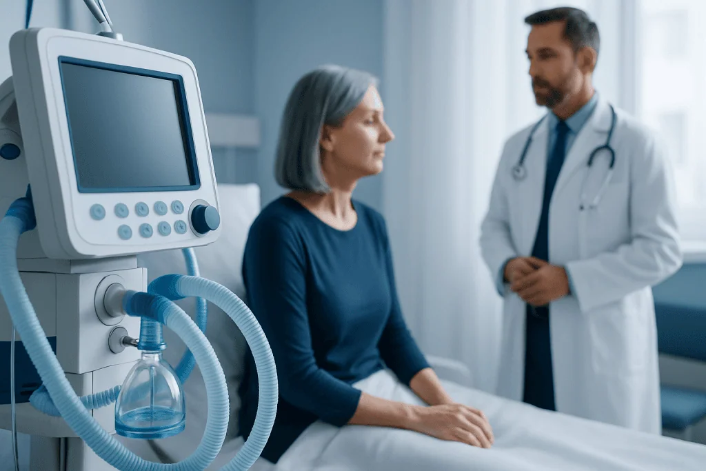 Doctor consulting a patient in a hospital room with medical equipment nearby.