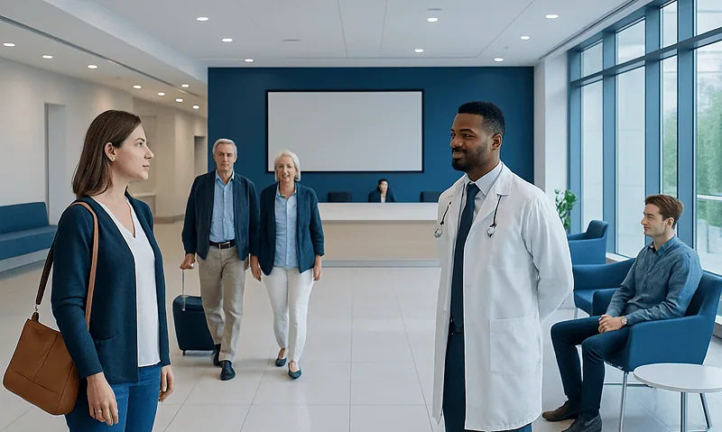 What International Patients Can Expect on Arrival at Acibadem 1 International patients greeting doctor at Acibadem hospital reception area.