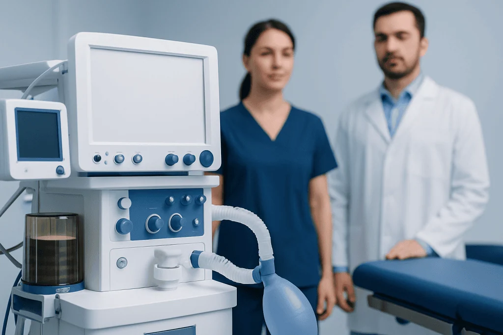 Medical ventilator machine in hospital with healthcare professionals in background.