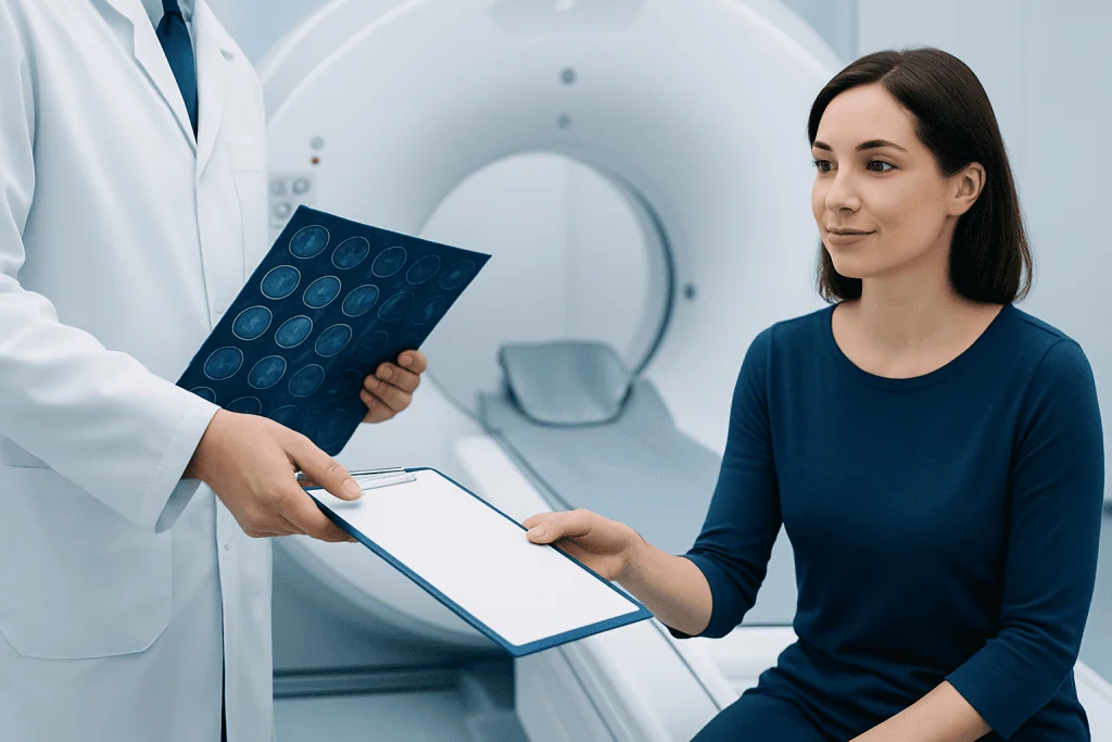 Patient receiving consultation before MRI scan at Acibadem Hospital.