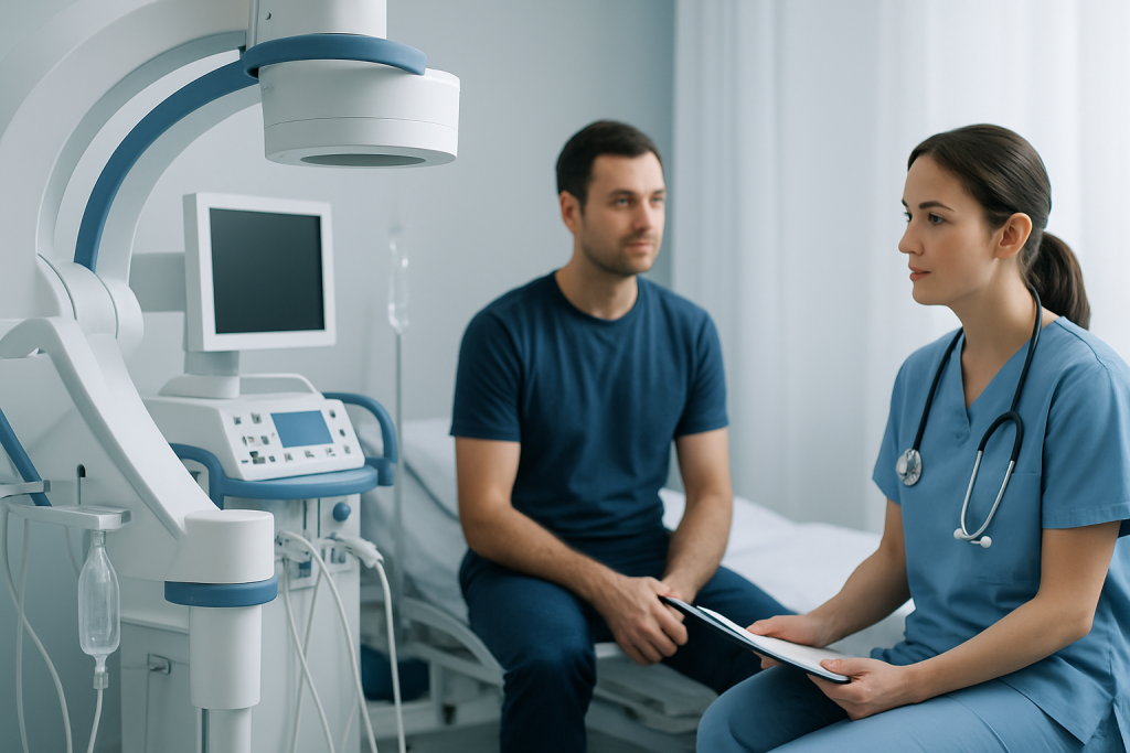 Doctor consulting with patient in hospital room with medical equipment.