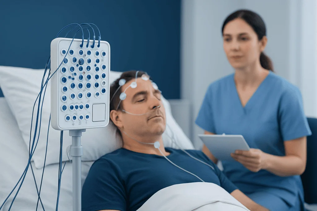 Patient undergoing sleep study with monitoring equipment in a hospital setting.