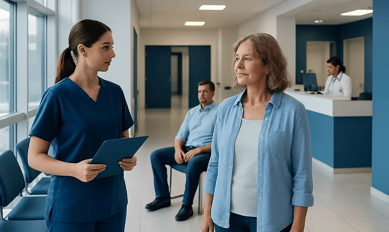 Healthcare professional consulting a patient in a hospital corridor.
