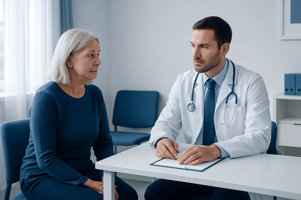 Doctor consulting with an elderly woman in a medical office.