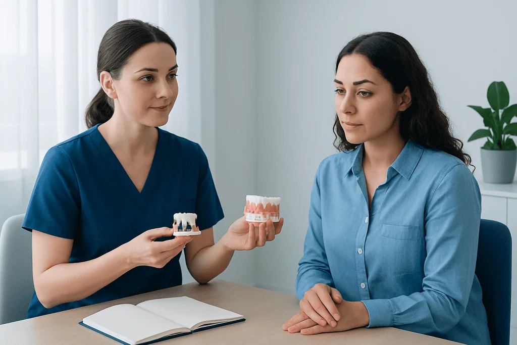 Dental professional explaining dental prosthetics to patient in clinic.
