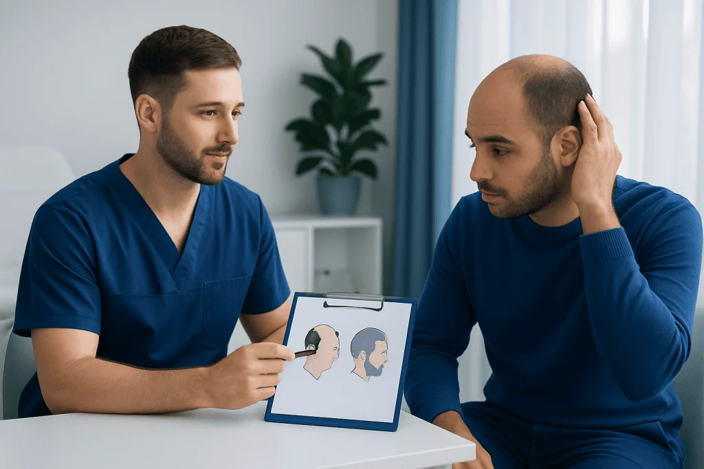 Doctor explaining hair transplant options to patient with hair loss.