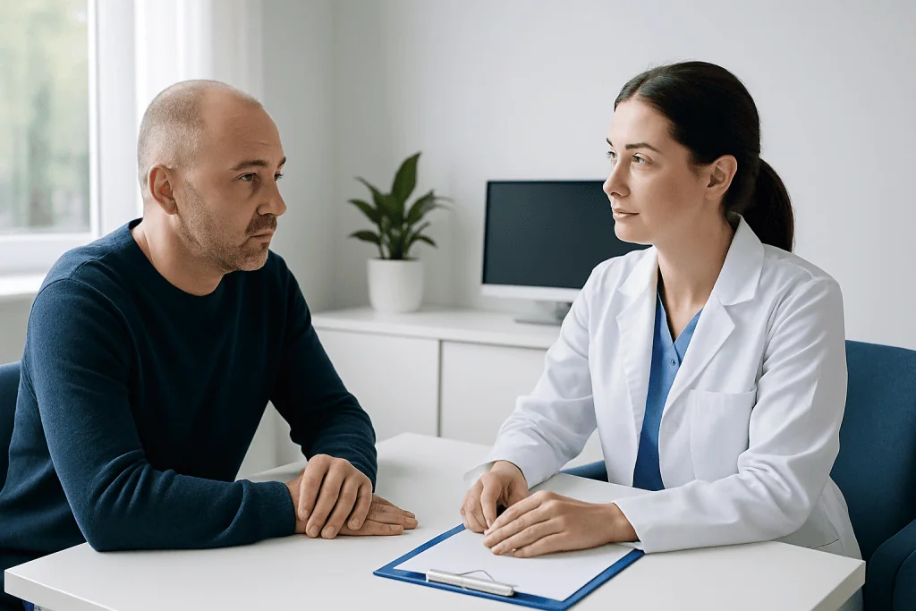Doctor consulting with male patient in a modern clinic setting.