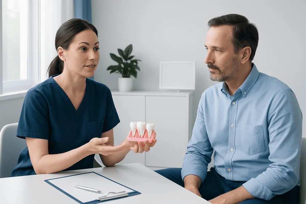 Dentist explains dental bridge options to patient in consultation room.