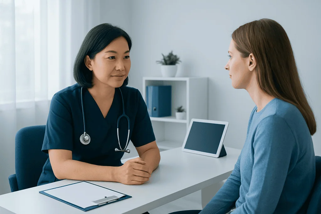 Doctor consulting patient about brain aneurysm treatment options.