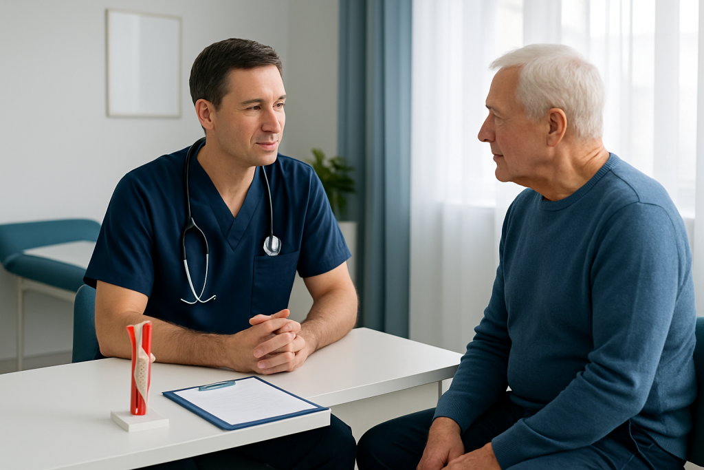 Doctor consulting with an elderly patient in a medical office.