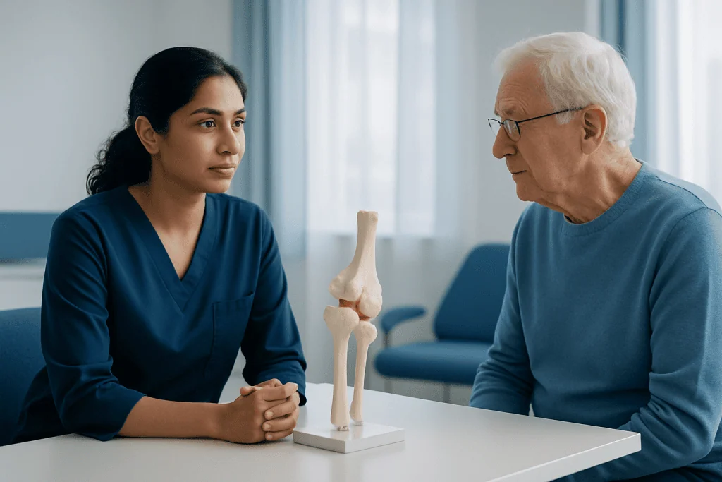 Doctor explaining knee joint to elderly patient with model knee.