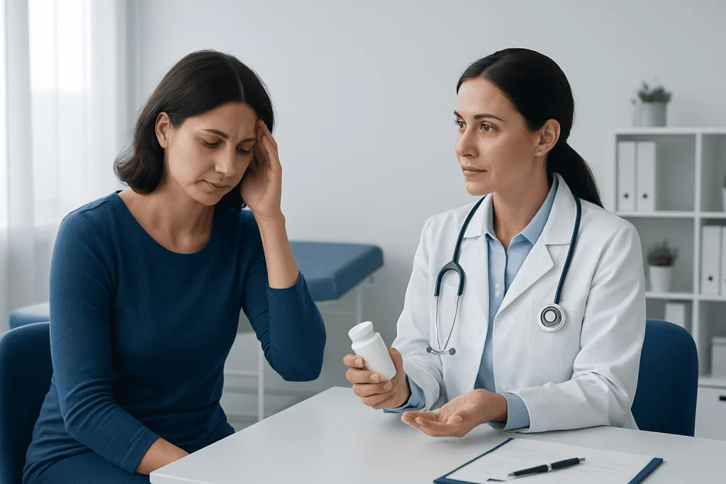 Doctor explaining medication to a woman with headache symptoms in clinic.