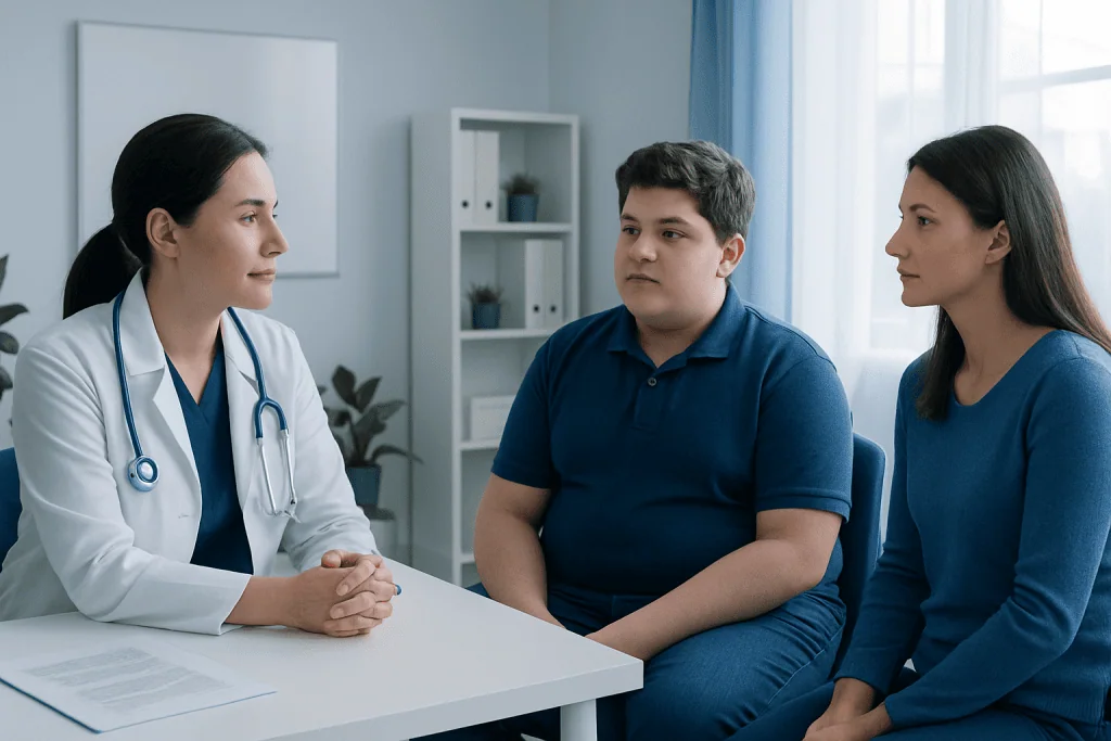 Doctor consulting with adolescent patient and parent in clinic setting.