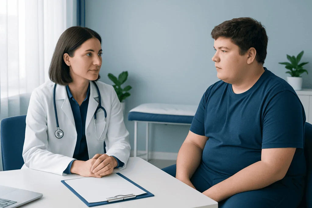 Doctor consulting with adolescent patient in a medical office.