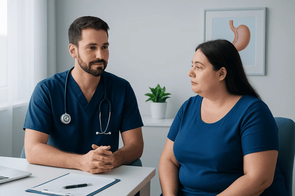 Doctor consulting with a patient about bariatric surgery options.