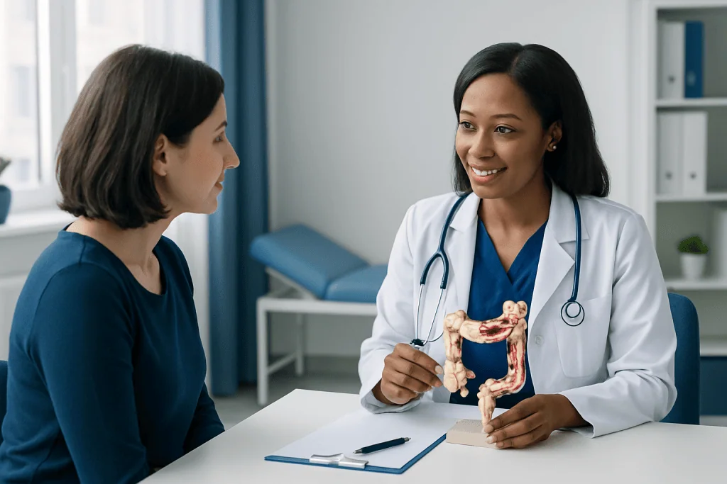 Doctor explaining digestive health with a model of the intestines to a patient.
