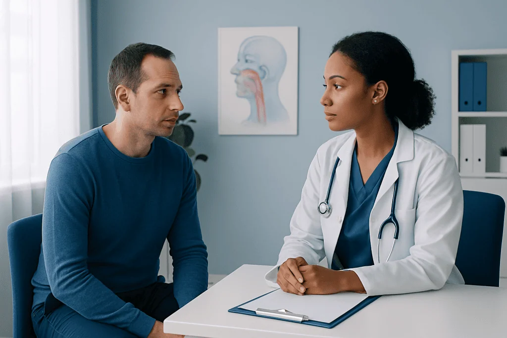 Doctor consulting with a male patient about tonsil health in a clinic.