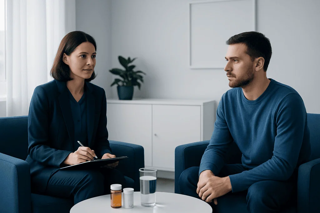 Psychiatrist and patient in therapy session at Acibadem Hospital.
