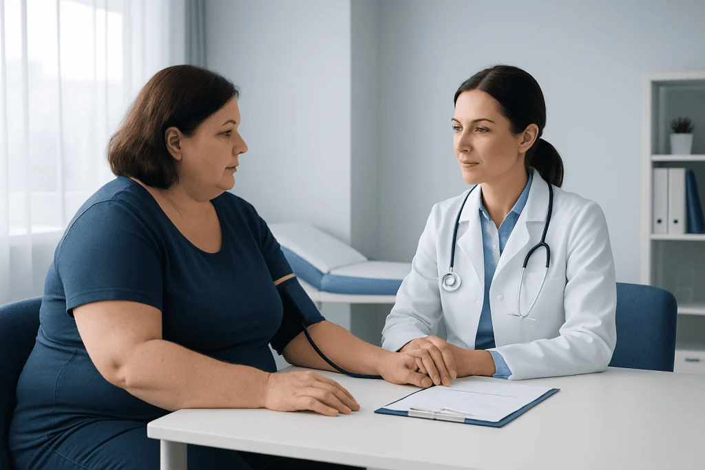 Doctor consulting with a patient about health in a medical office.