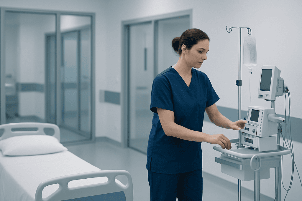 Best Cancer Hospital in Turkey 1 Nurse adjusting medical equipment in a hospital room at Acibadem Hospitals Group.
