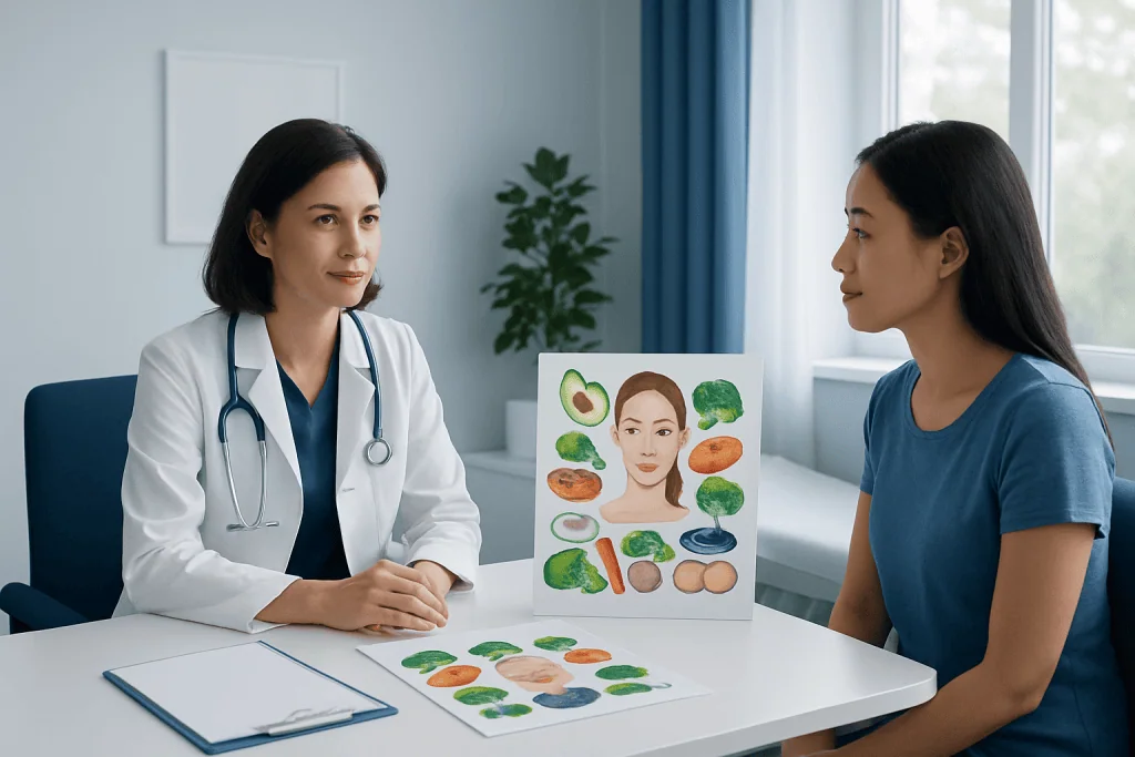 Doctor explaining skin health vitamins to patient in consultation room.