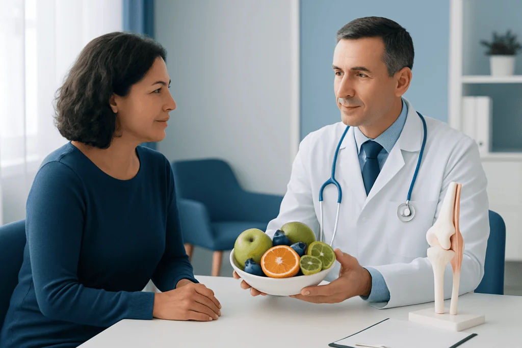 Doctor discussing bone health with a patient holding a bowl of fruits.