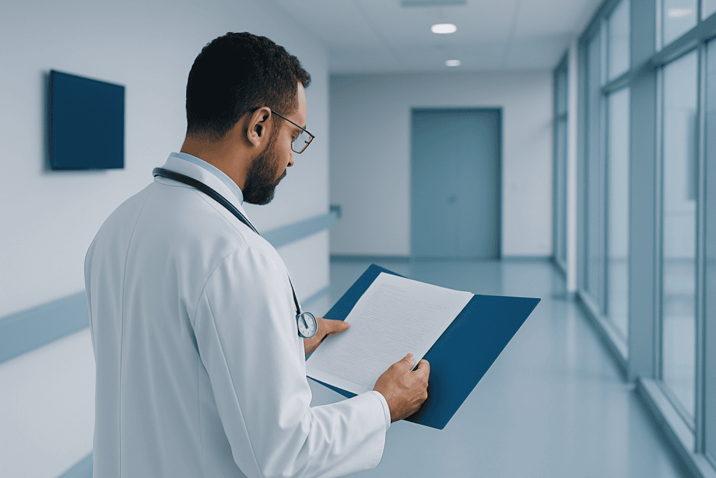 Best Gastrointentestinal Oncology Hospital in Turkey 1 Doctor reviewing patient files in a modern hospital corridor.
