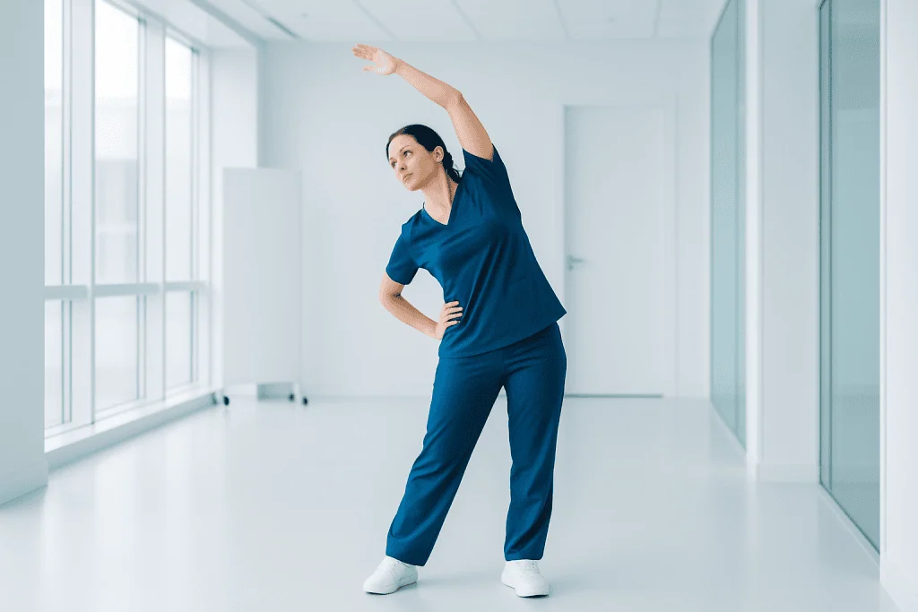 Best Gynecologic Oncology Hospital in Turkey 1 Female healthcare worker stretching in a modern hospital corridor.