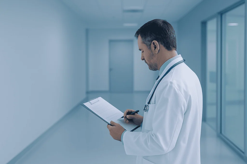 Best Haematology Hospital in Turkey 1 Doctor reviewing patient records in a modern hospital corridor.