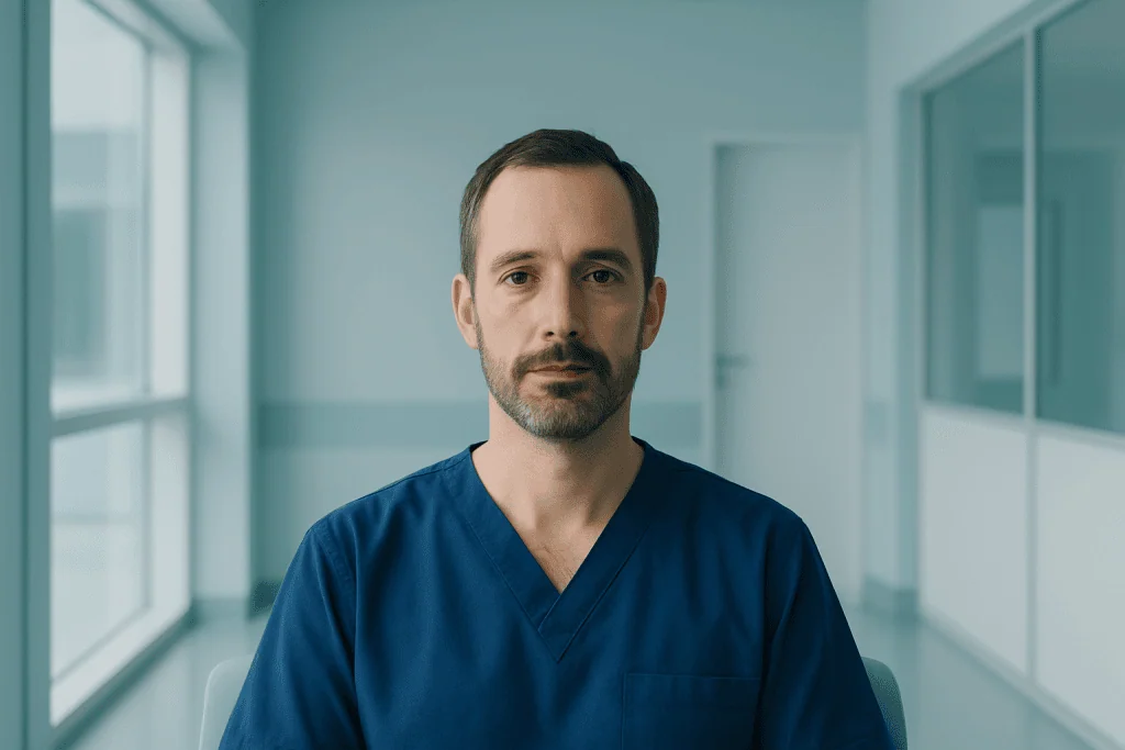 Best Head & Neck Oncology Hospital in Turkey 1 Medical professional in blue scrubs in a modern hospital corridor.