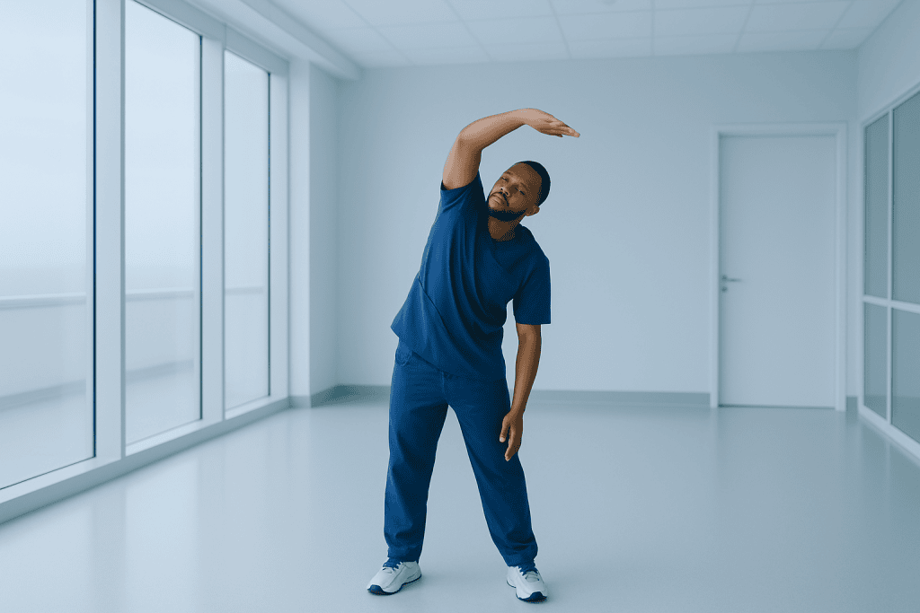 Best Hospital in Turkey 1 Man stretching in a bright, modern hospital corridor.