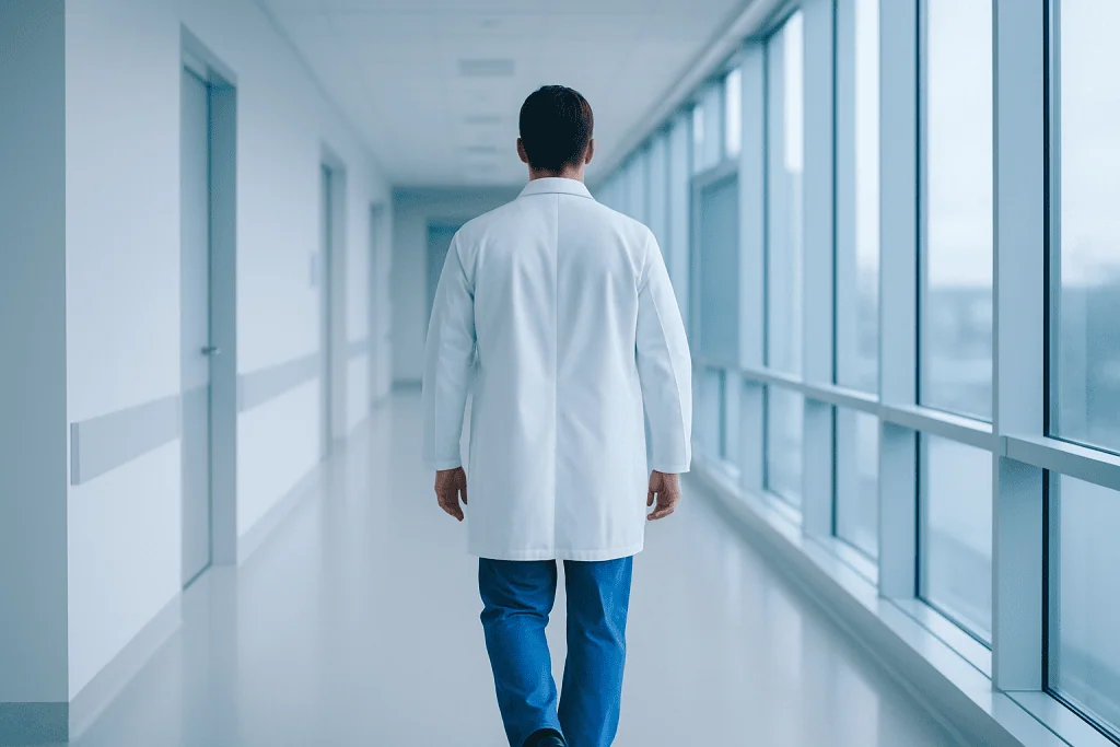 Best Lung Transplant Hospital in Turkey 1 Doctor walking down hospital corridor with large windows and natural light.