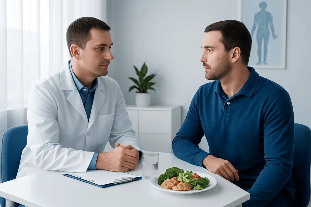 Doctor consulting with patient about health and nutrition in a clinic setting.