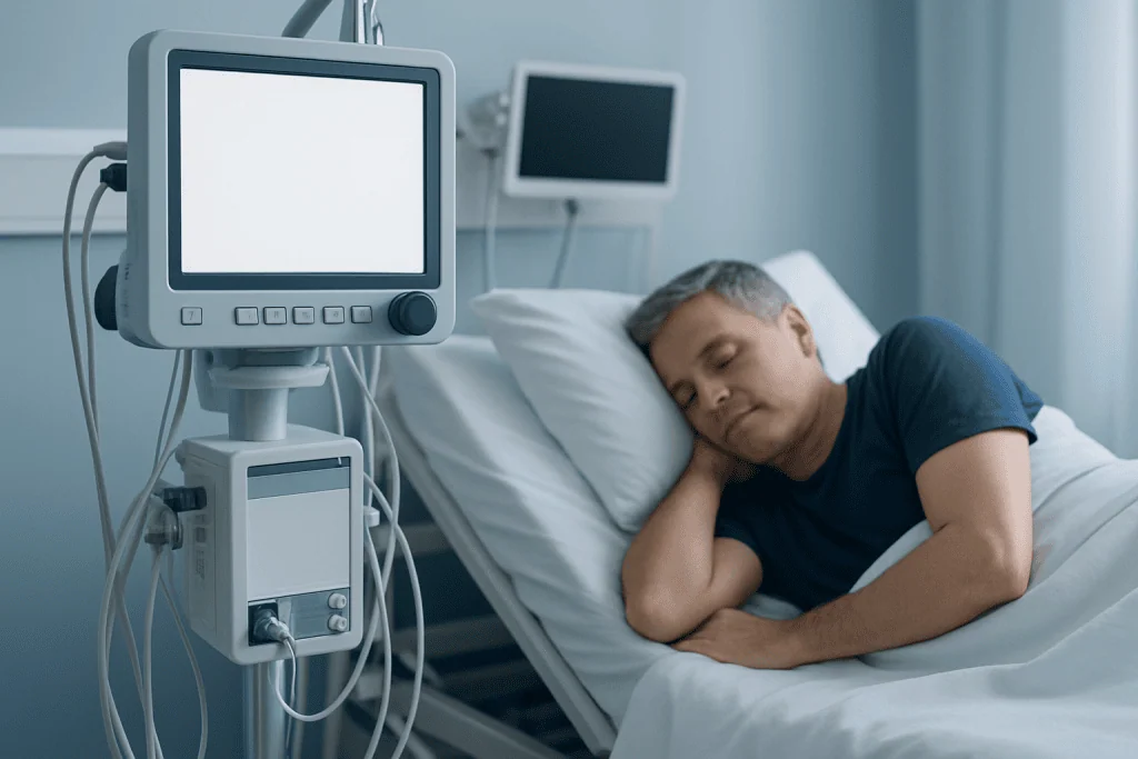 Patient resting in hospital bed after heart bypass surgery with monitoring equipment nearby.