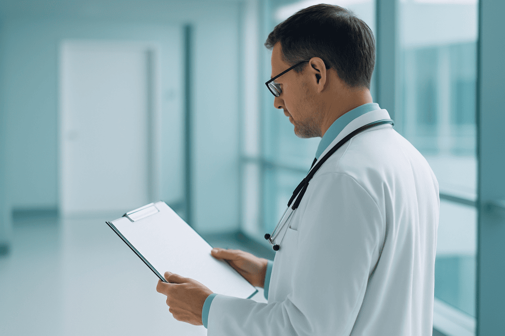 Best Uro-Oncology Hospital in Turkey 1 Doctor reviewing patient notes in a modern hospital corridor.
