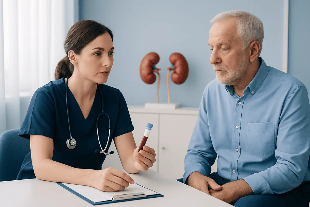 Doctor explaining kidney health to an elderly patient in a medical office.