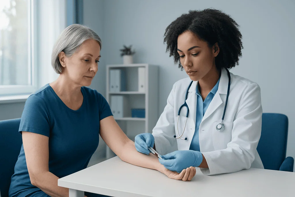 Doctor performing blood test on patient in a medical clinic.