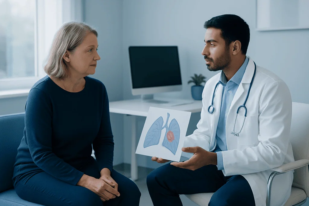 Doctor explaining lung health to a patient with a lung diagram.