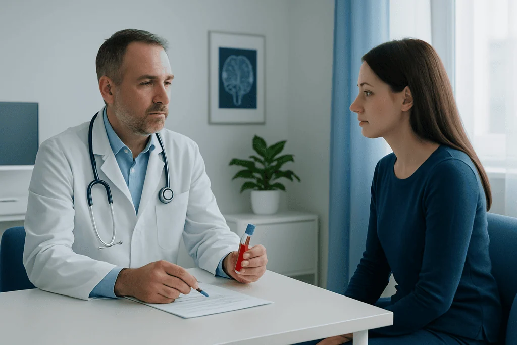Doctor explaining blood test results to a patient in a medical office.