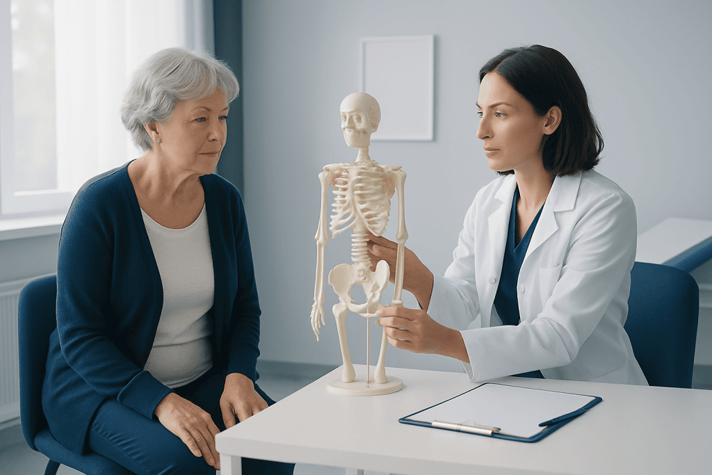 Doctor explaining osteoporosis prevention to an elderly woman with a skeleton model.