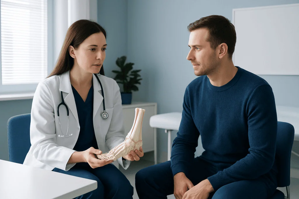 Doctor explaining ankle bones to patient in a medical consultation.