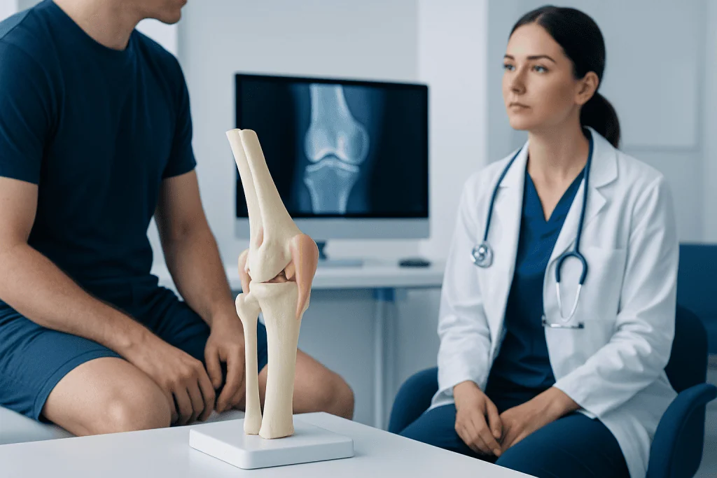 Doctor explaining knee joint anatomy with model to patient in clinic.
