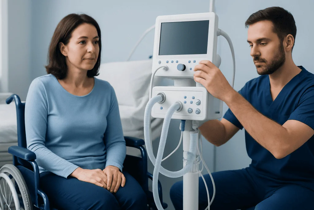 Medical professional checking patient with ventilator in hospital room.