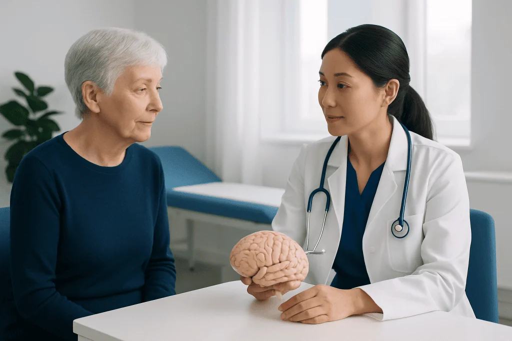 Doctor explaining brain health to elderly woman in a medical consultation.