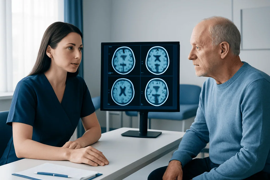 Doctor and patient discussing brain MRI scans in a medical consultation room.